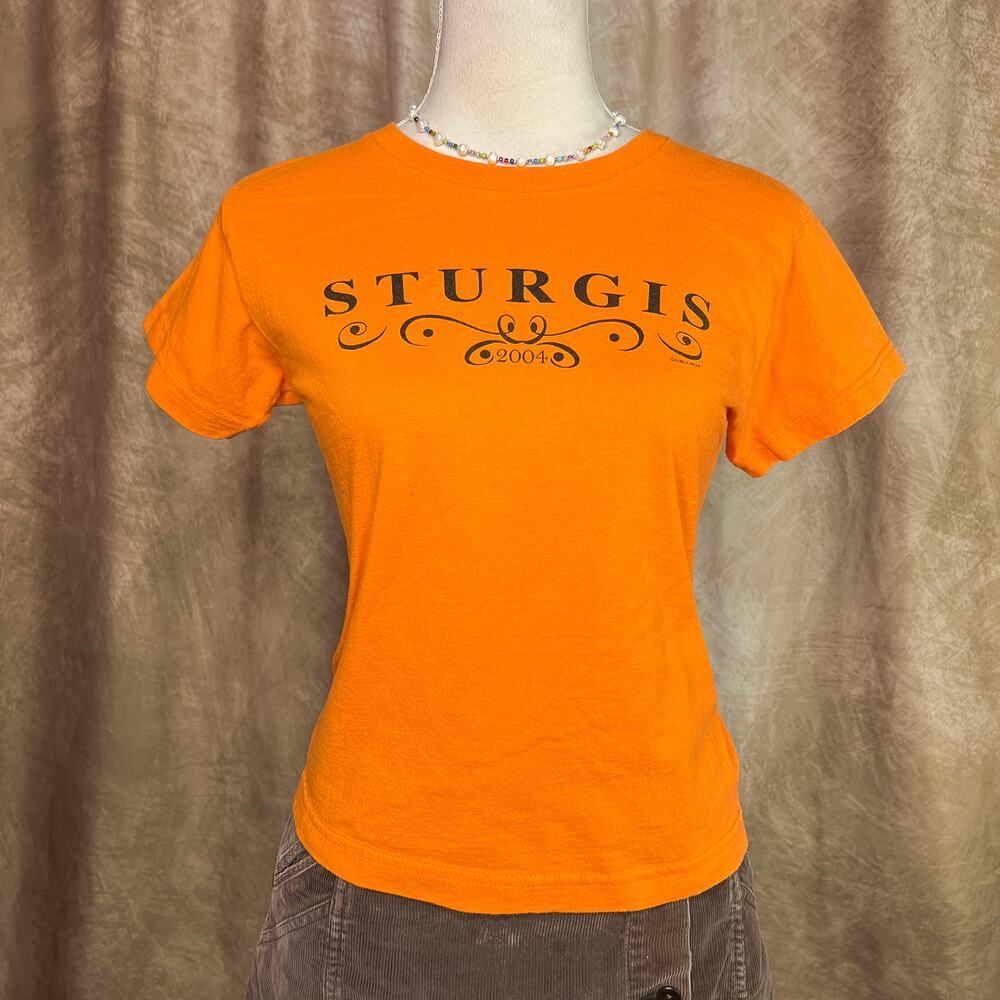Vintage Y2K Sturgis 2004 Baby Tee T-Shirt Orange Cropped Indie Sleaze Biker Moto